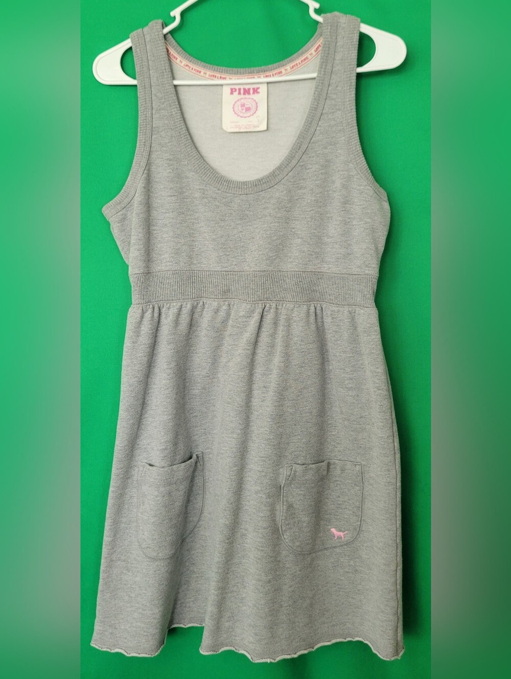 Vtg Y2k PINK Victoria's Secret Gray Ribbed Tank Top Dress Pink Logo Dog Sz Small